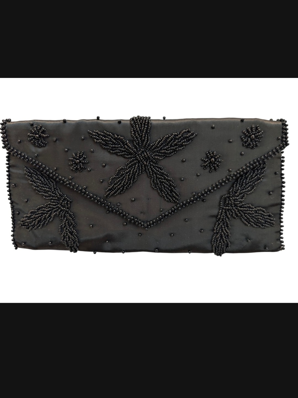 Vintage 60's La Regale Black Beaded Envelope Clutch- 2 Beads Missing